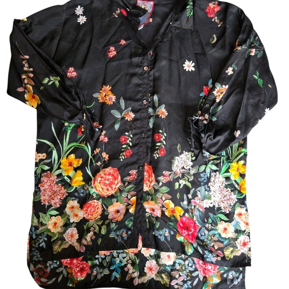 Johnny Was 100% Silk Floral Womens Blouse Size M